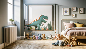 Cadre en plexiglas avec illustration de dinosaure sur mur de chambre d'enfant, peluches au sol