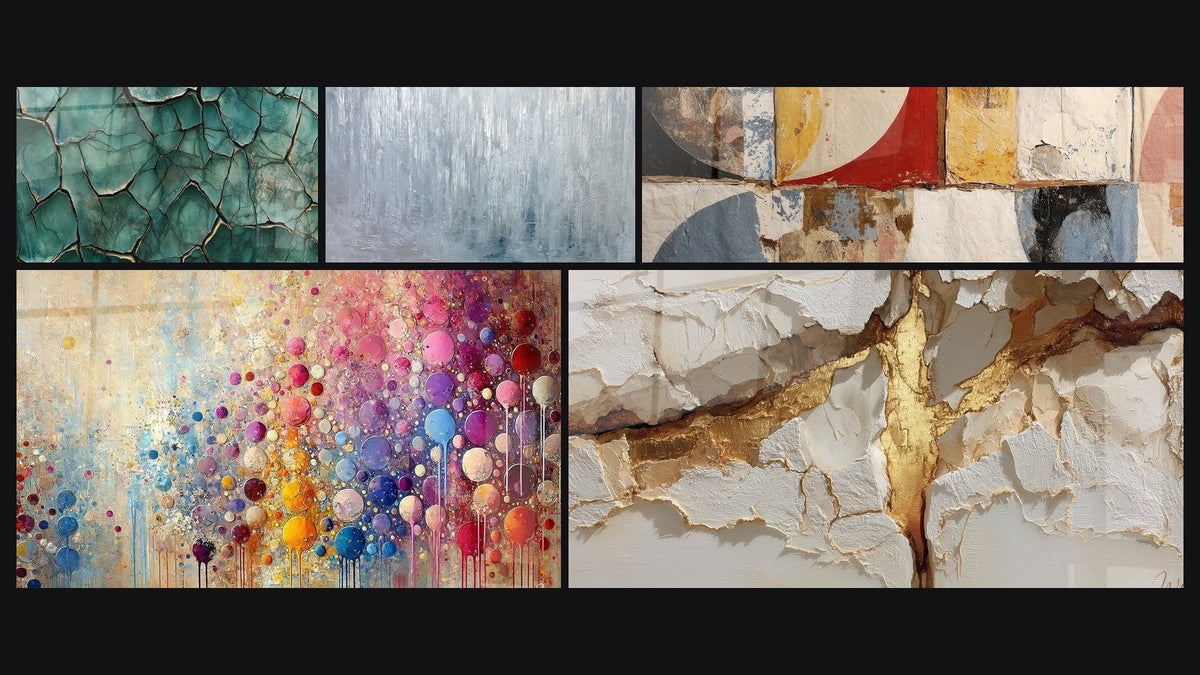 Mosaico de cinco cuadros, entre ellos Tierra Fracturada, Formas geométricas abstractas y Mosaico de Esferas