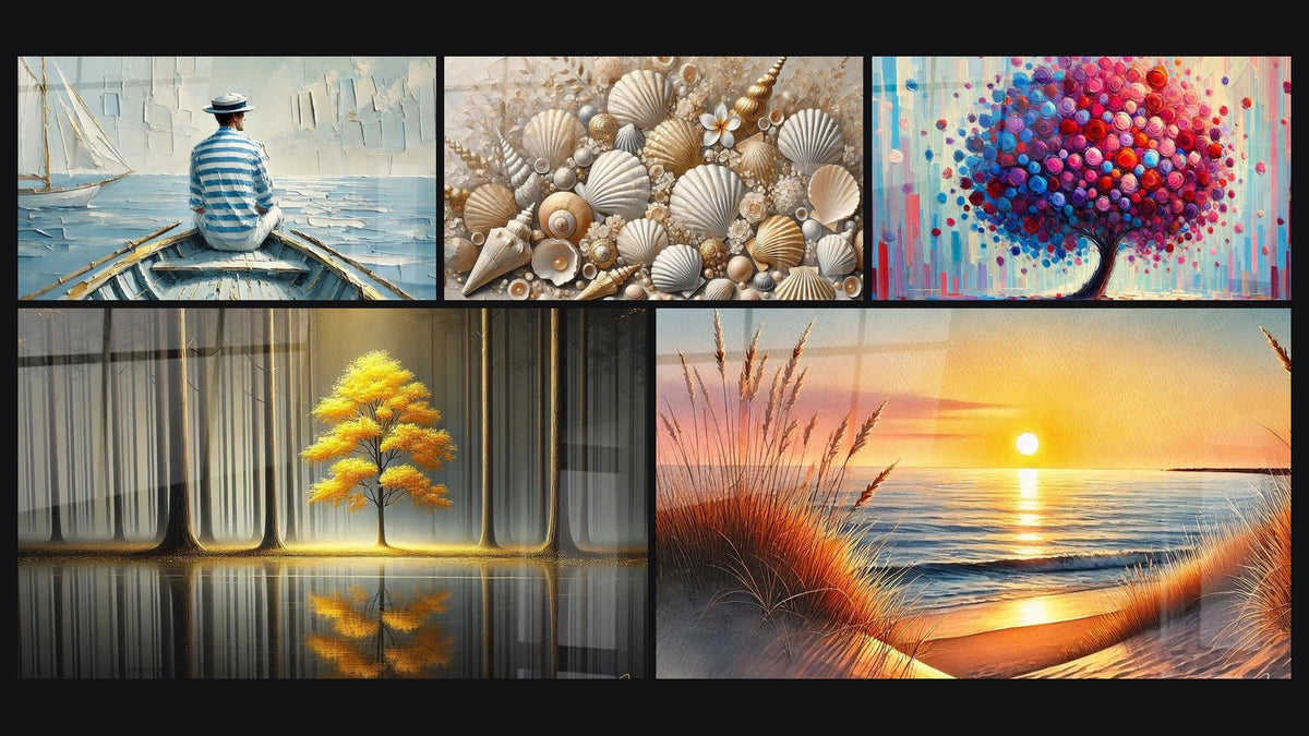 Mosaik aus fünf Gemälden, darunter Die Kunst des Wassers, Juwelen des Sandes und Baum Ewige Ruhe