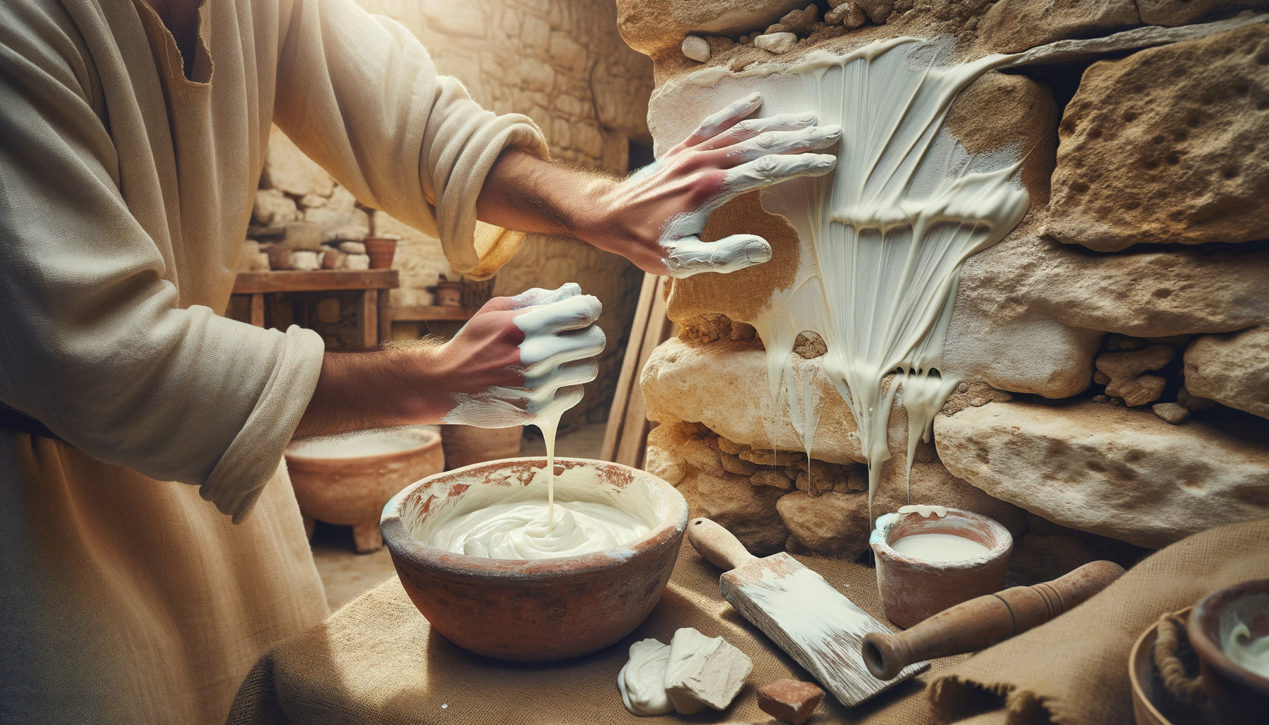 Application artisanale d'enduit imperméable au latex d'euphorbe sur mur antique, technique ancestrale méditerranéenne