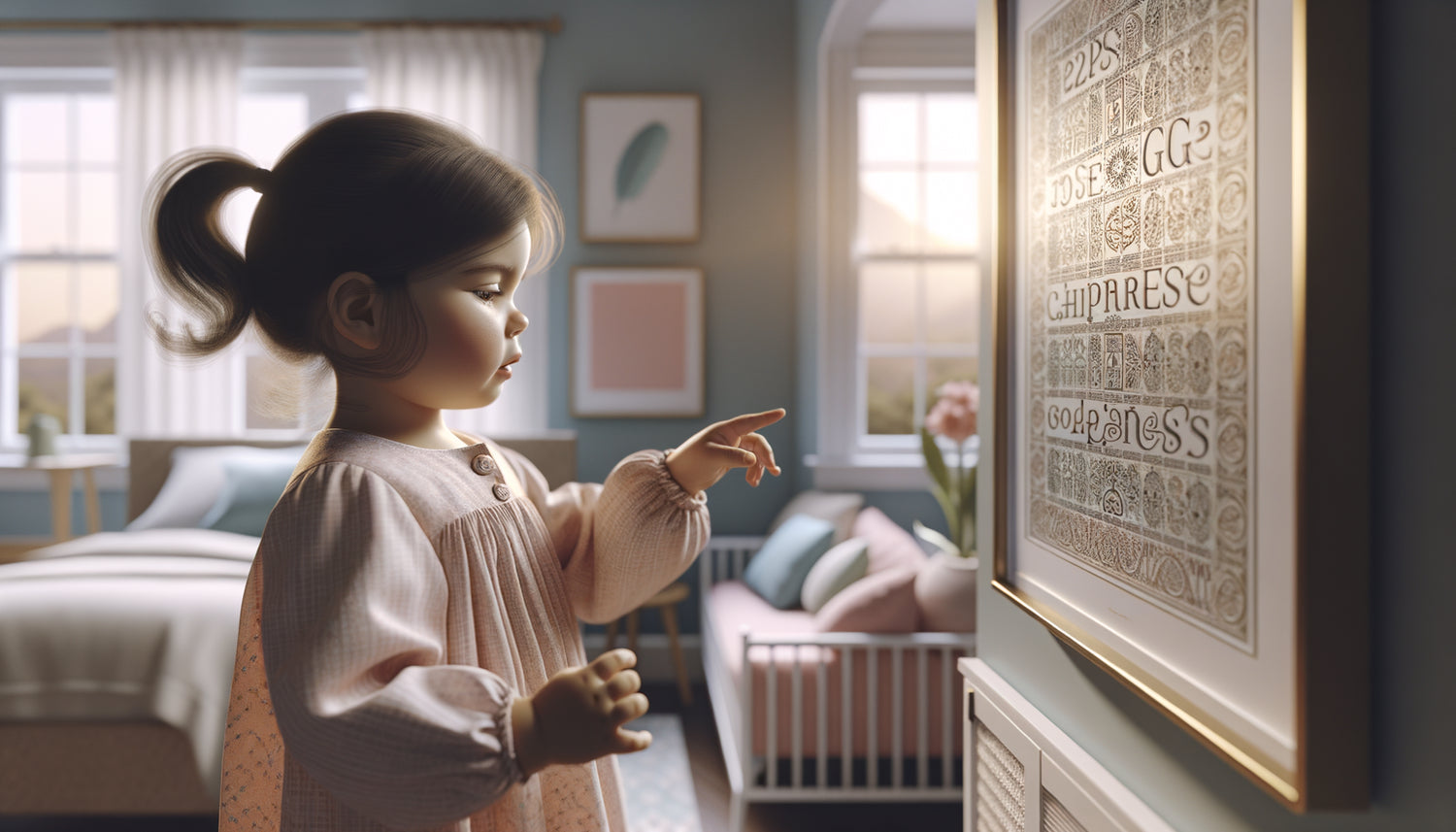 Jeune enfant de trois ans traçant du doigt les lettres d'un message inspirant sur un tableau décoratif dans sa chambre