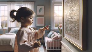 Jeune enfant de trois ans traçant du doigt les lettres d'un message inspirant sur un tableau décoratif dans sa chambre