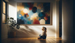 Jeune enfant contemplant une œuvre d'art abstraite colorée dans un salon familial chaleureux