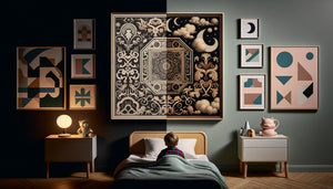 Comparaison chambre enfant : tableau détaillé anxiogène versus décoration murale épurée apaisante avec formes simples