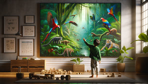 Enfant émerveillé devant un grand tableau de jungle tropicale dans sa chambre, éveil à la nature