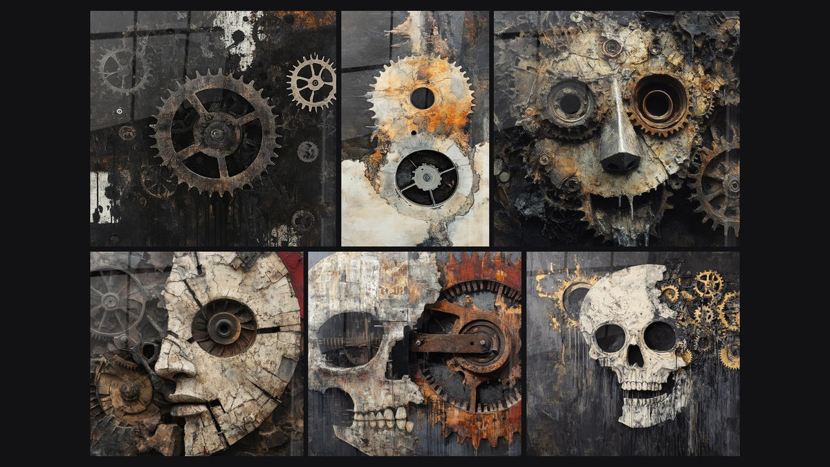 Mosaïque de six tableaux, dont Engrenages industriels, Engrenages rouillés et Visage mécanique et engrenages