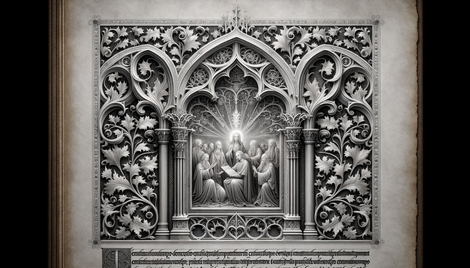 Enluminure médiévale en grisaille du 14ème siècle, technique monochrome avec nuances subtiles de gris sur parchemin