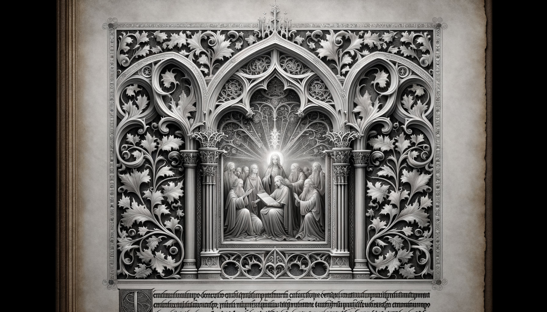 Enluminure médiévale en grisaille du 14ème siècle, technique monochrome avec nuances subtiles de gris sur parchemin