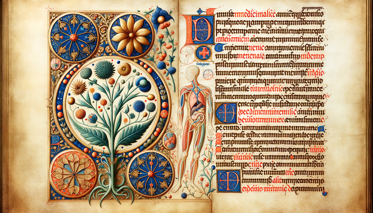 Page de manuscrit médical médiéval enluminé du 14ème siècle avec illustrations botaniques détaillées et lettrines dorées organisationnelles
