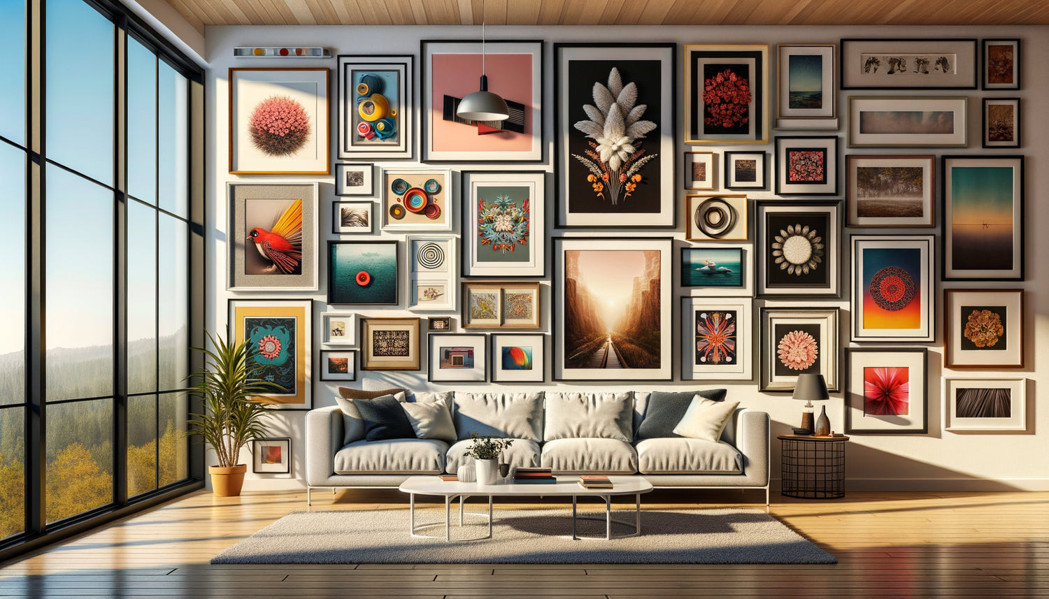 Ensemble de tableaux mal assortis créant un désordre visuel sur un mur de salon contemporain
