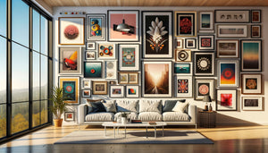 Ensemble de tableaux mal assortis créant un désordre visuel sur un mur de salon contemporain