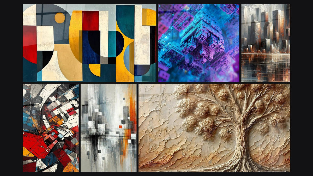 Mosaïque de six tableaux, dont Formes géométriques colorées, Architecture futuriste et Réflexions Urbaines