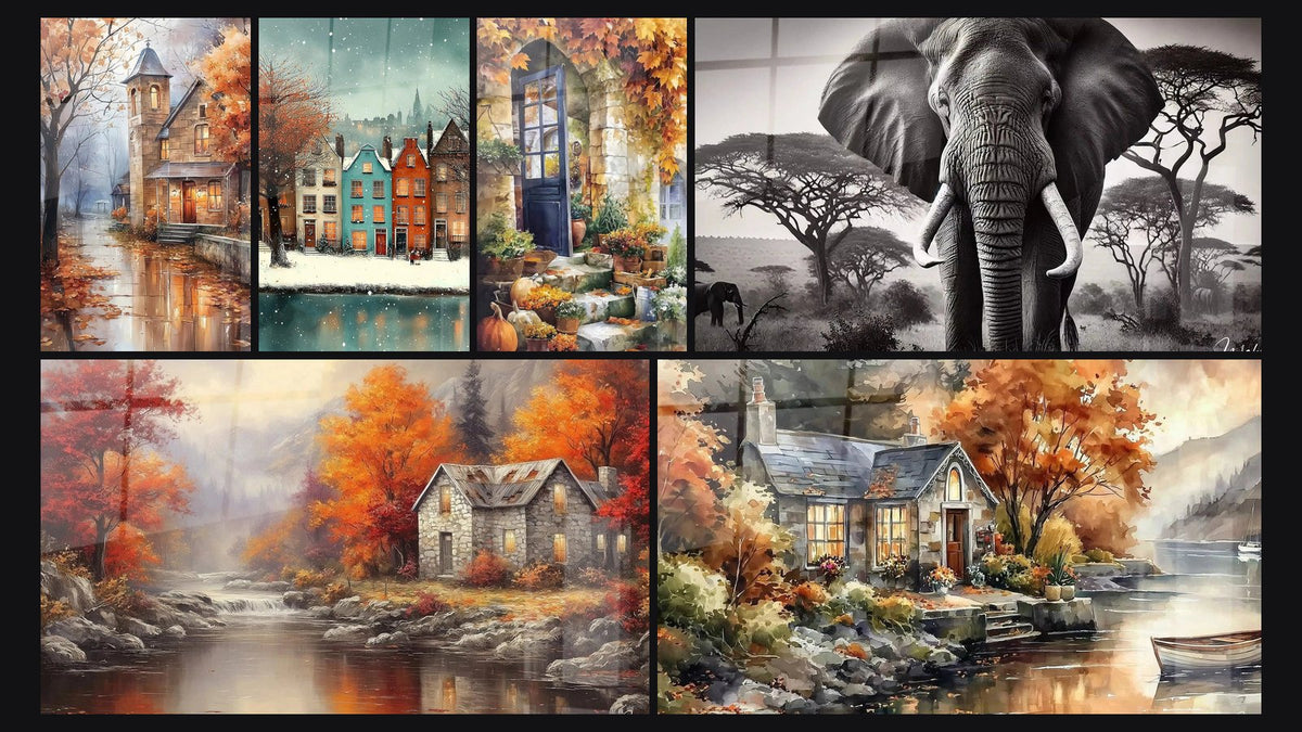 Mosaico de seis cuadros, entre ellos Casa Chimenea Encantadora, Casas Ventanas Resplandecientes y Casa Paréntesis Radiante