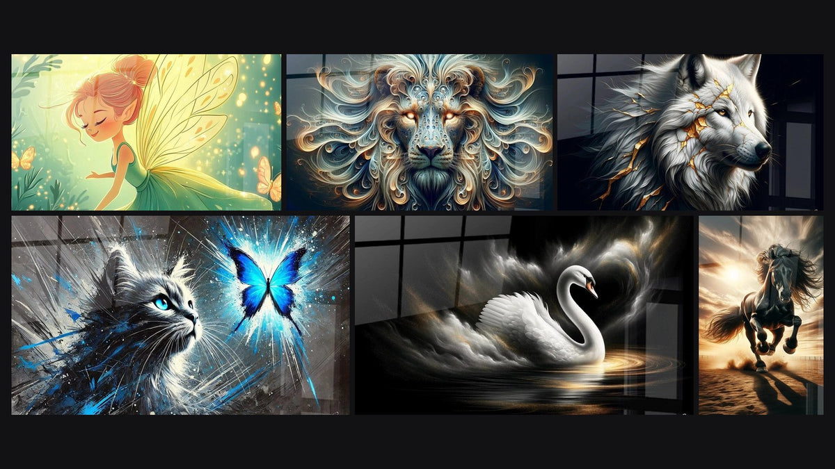 Mosaic of six paintings, including Fairy Wall Art No. 3, Magic of a Moment and Mystic Sovereign of the Winds