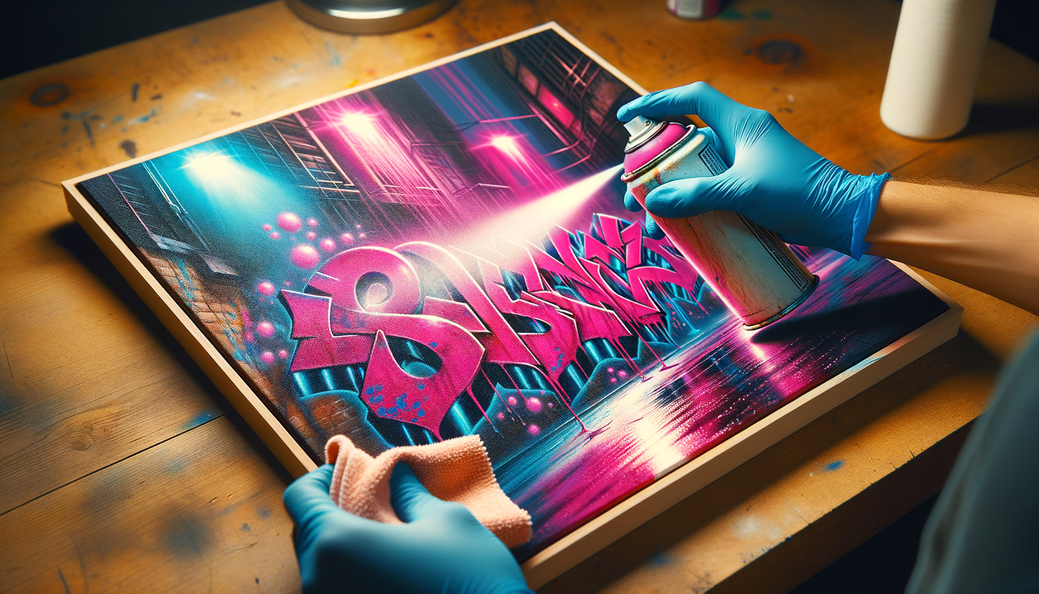 Gros plan d'une toile street art à la bombe aérosol montrant textures et couleurs vives caractéristiques du graffiti urbain