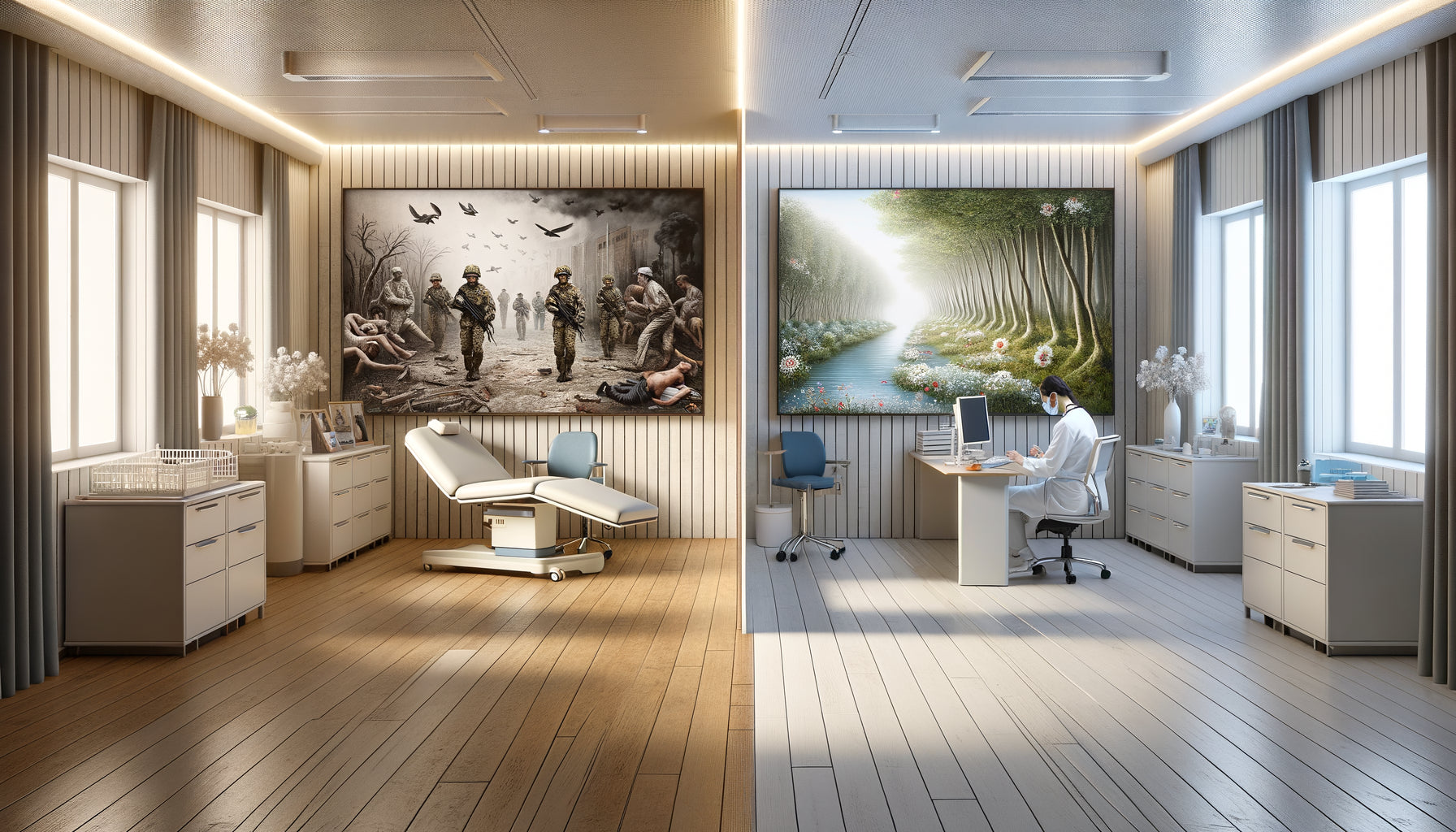 Comparaison d'environnements médicaux : mur avec images stressantes versus espace apaisant avec art abstrait doux
