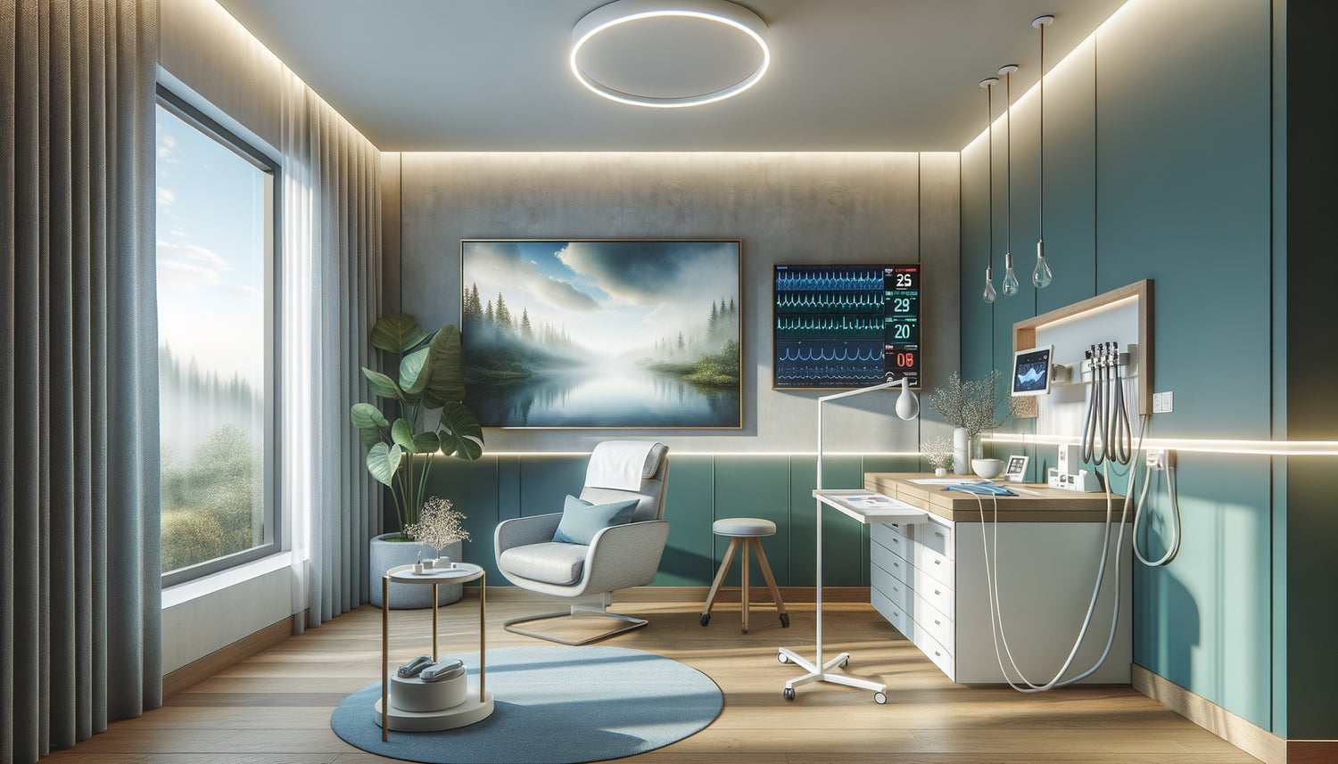 Salle de consultation cardiologique moderne avec environnement visuel apaisant et couleurs thérapeutiques douces