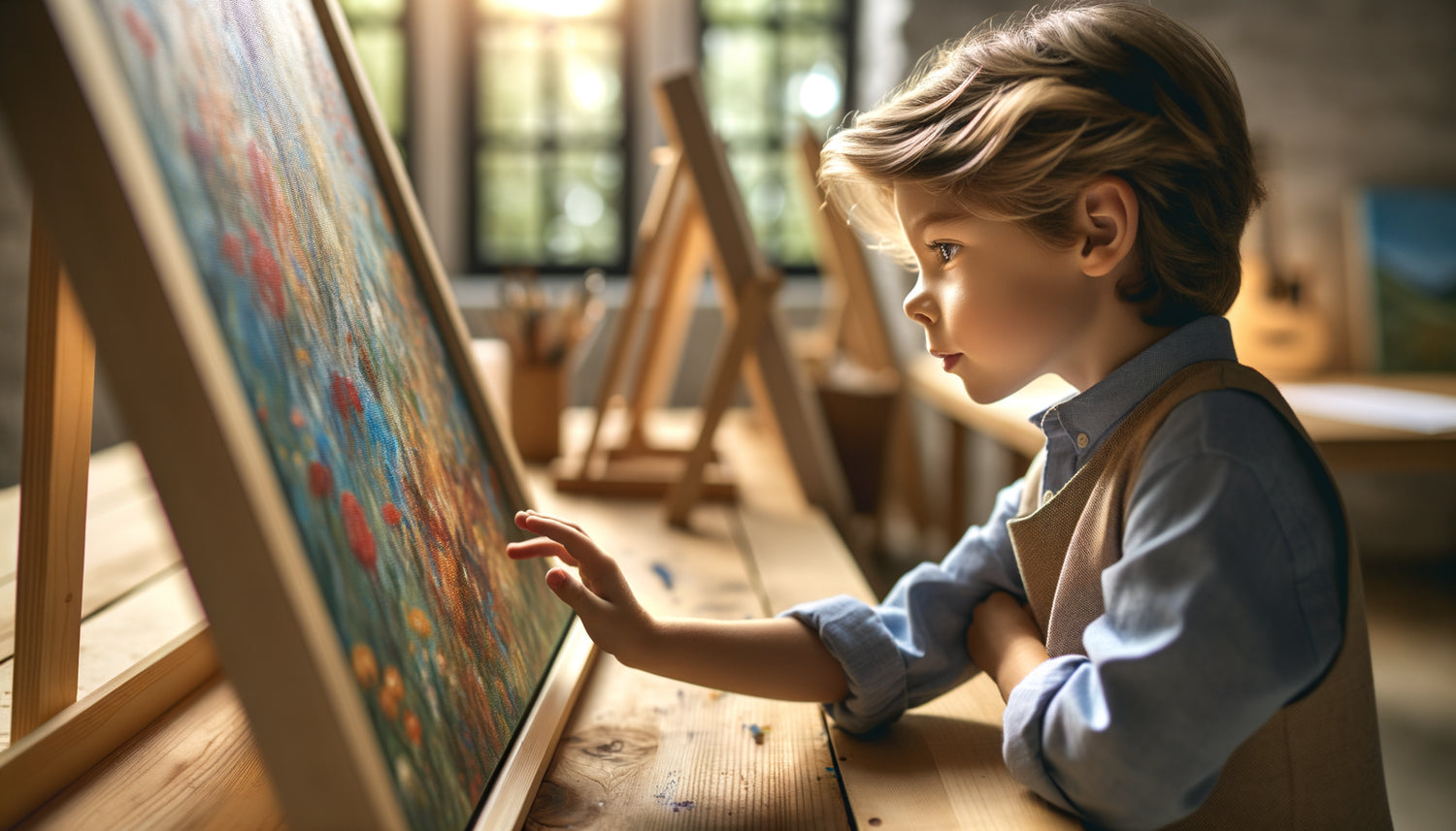 Enfant observant de près un tableau, épaisseur du châssis visible en vue latérale, contexte éducatif contemporain