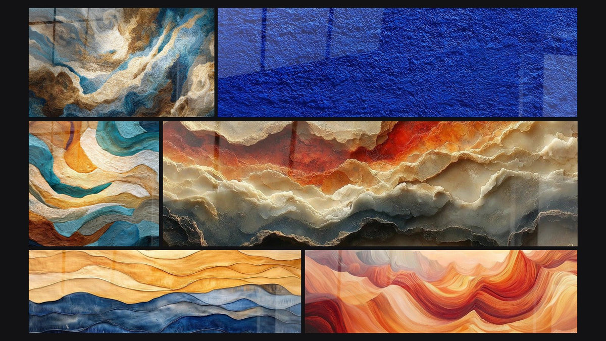 Mozaïek van zes schilderijen, waaronder Maritieme storm, Gouden en turquoise vloeibare golven en Blauwe Oceaan Duinen