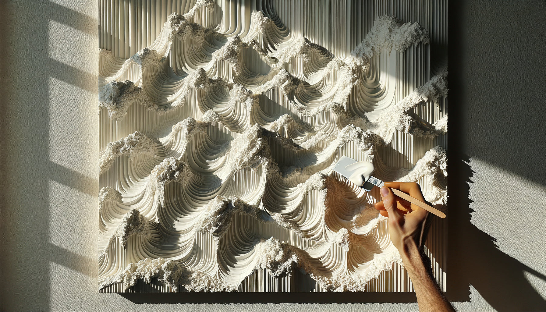 Application professionnelle de médium acrylique texturé en relief épais sur mur d'hôtel avec spatule