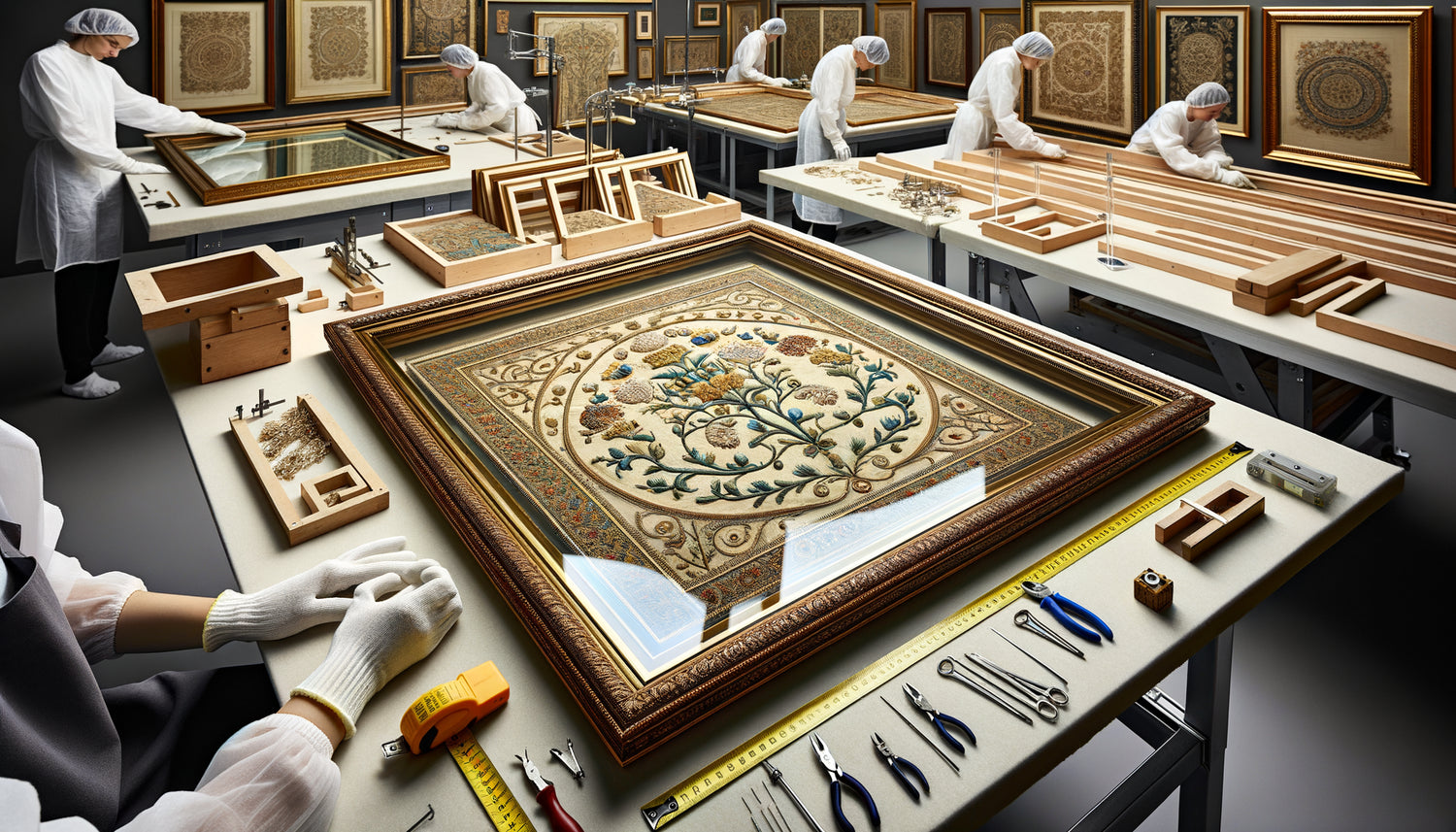 Encadrement professionnel d'œuvre textile précieuse avec différentes épaisseurs de verre acrylique antireflet dans atelier de conservation