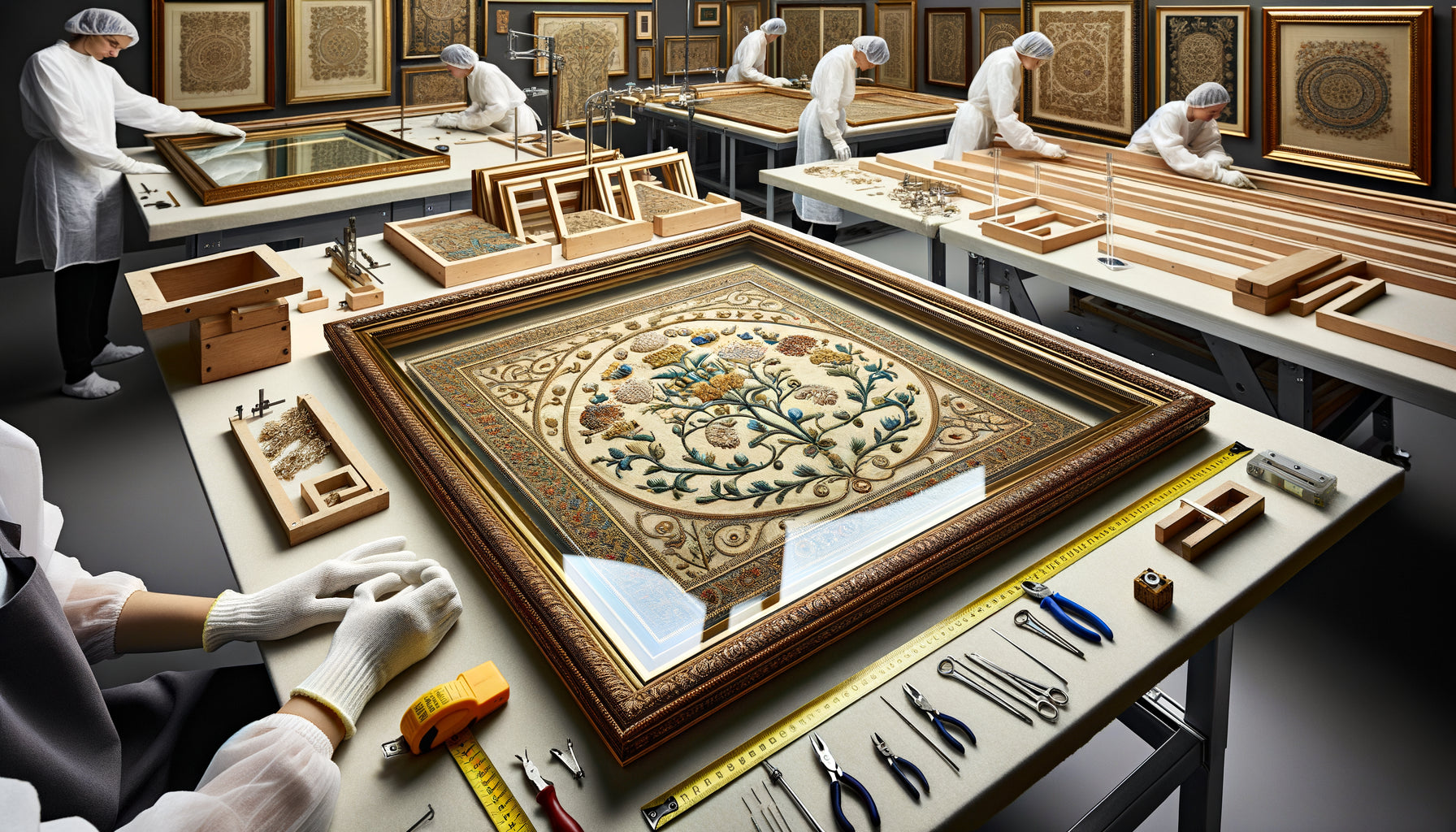 Encadrement professionnel d'œuvre textile précieuse avec différentes épaisseurs de verre acrylique antireflet dans atelier de conservation