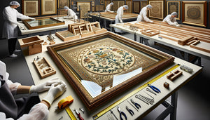 Encadrement professionnel d'œuvre textile précieuse avec différentes épaisseurs de verre acrylique antireflet dans atelier de conservation