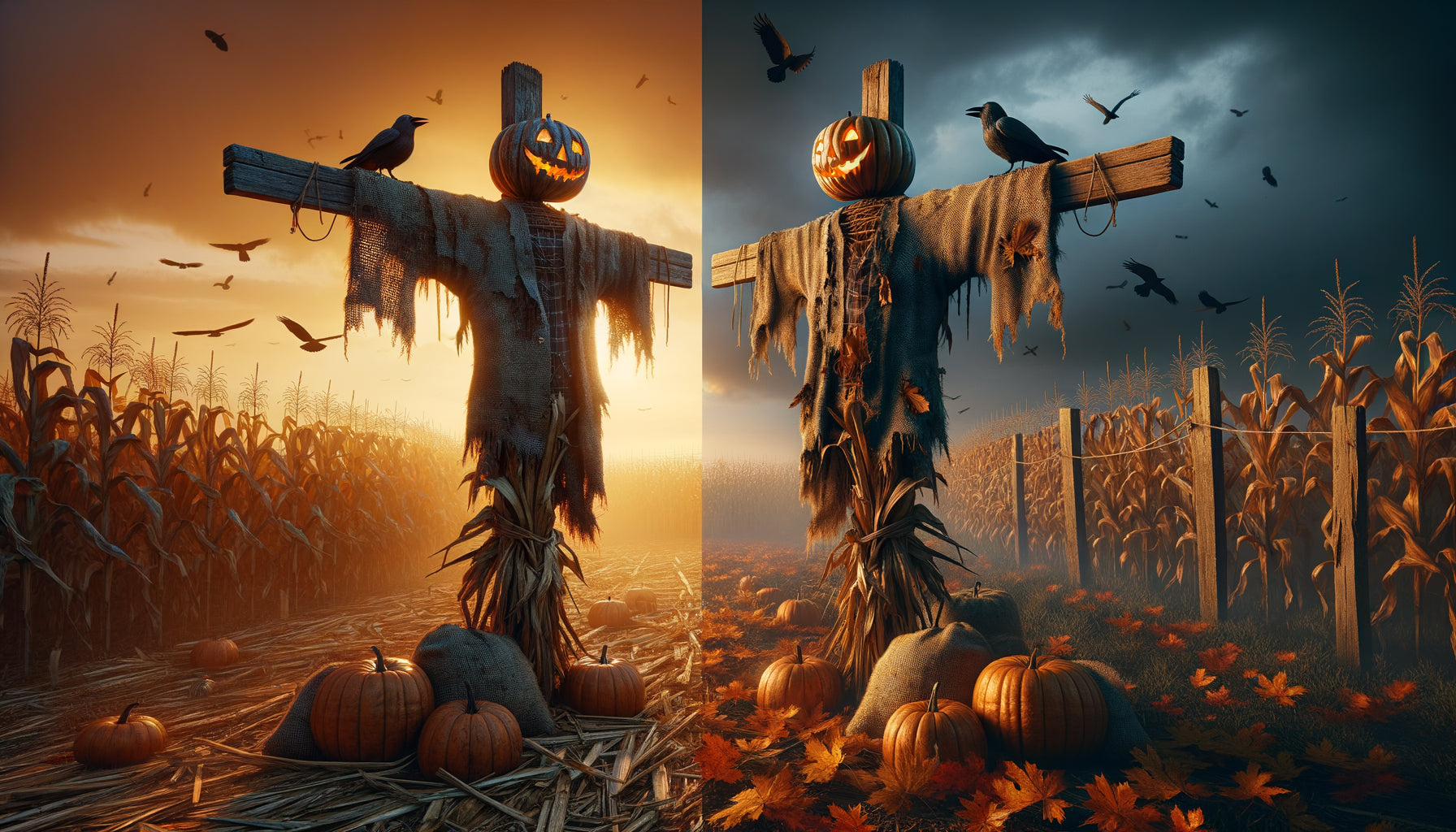 Épouvantail traditionnel rustique dans champ de maïs automnal, évoquant sa double fonction agraire et son statut d'icône Halloween