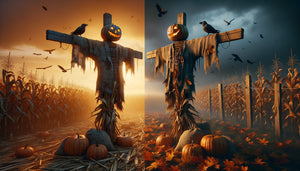 Épouvantail traditionnel rustique dans champ de maïs automnal, évoquant sa double fonction agraire et son statut d'icône Halloween