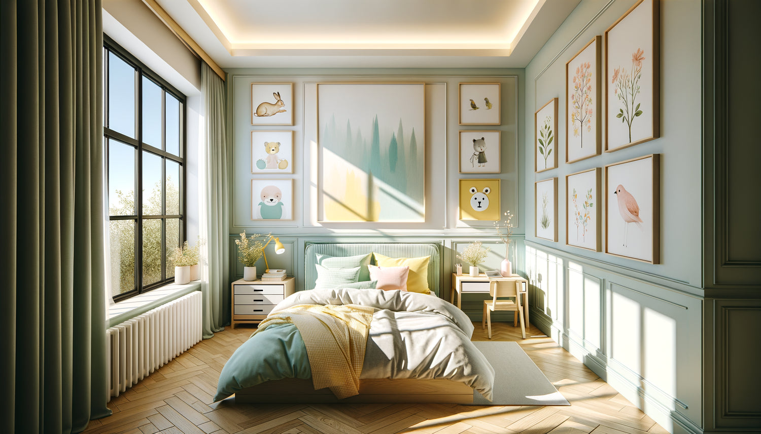 Chambre d'enfant avec mur fenêtre montrant équilibre entre cadres carrés et rectangulaires colorés