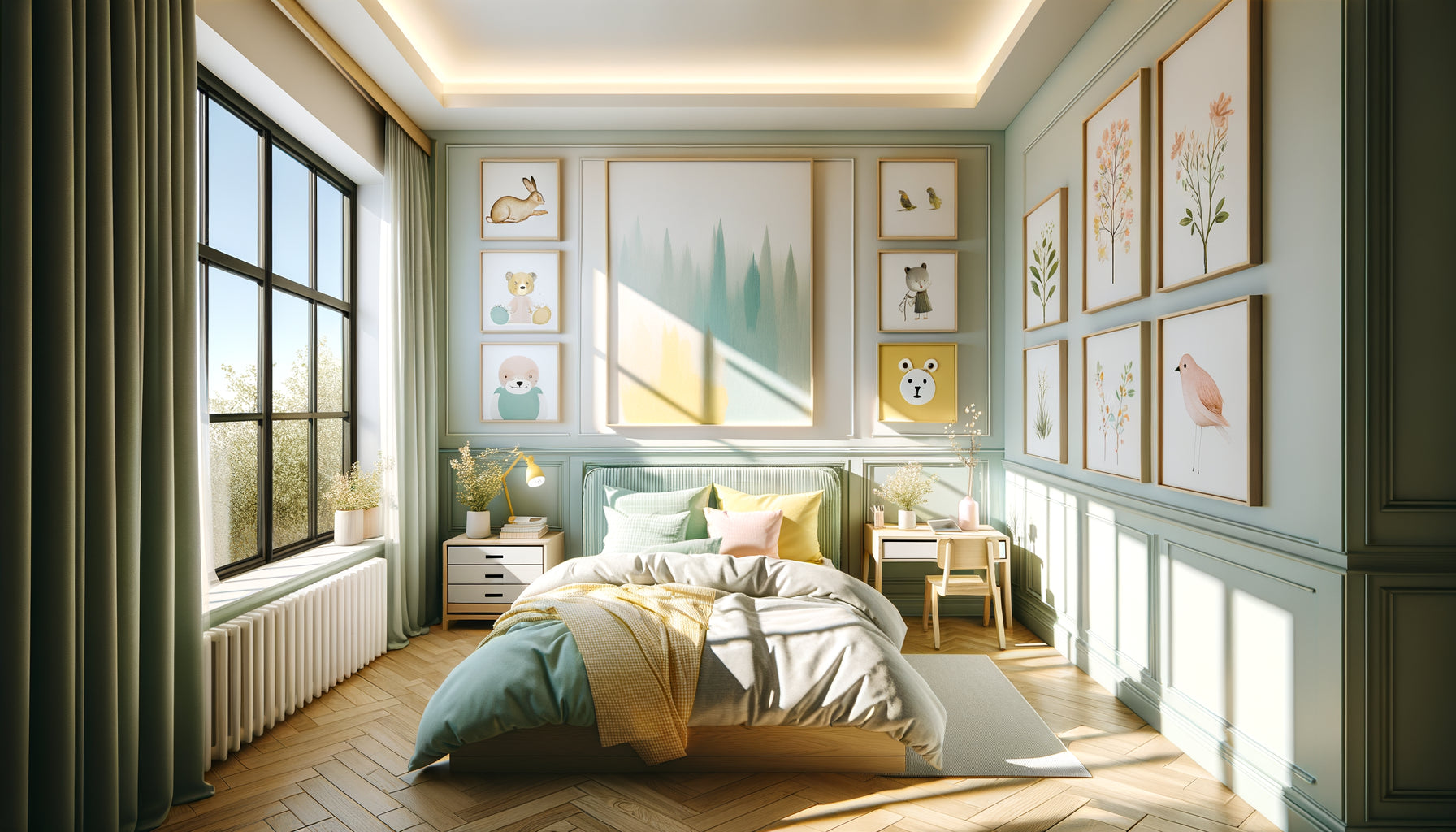 Chambre d'enfant avec mur fenêtre montrant équilibre entre cadres carrés et rectangulaires colorés