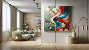 Mur contemporain présentant une œuvre apaisante aux tons doux et une œuvre stimulante aux couleurs vives côte à côte