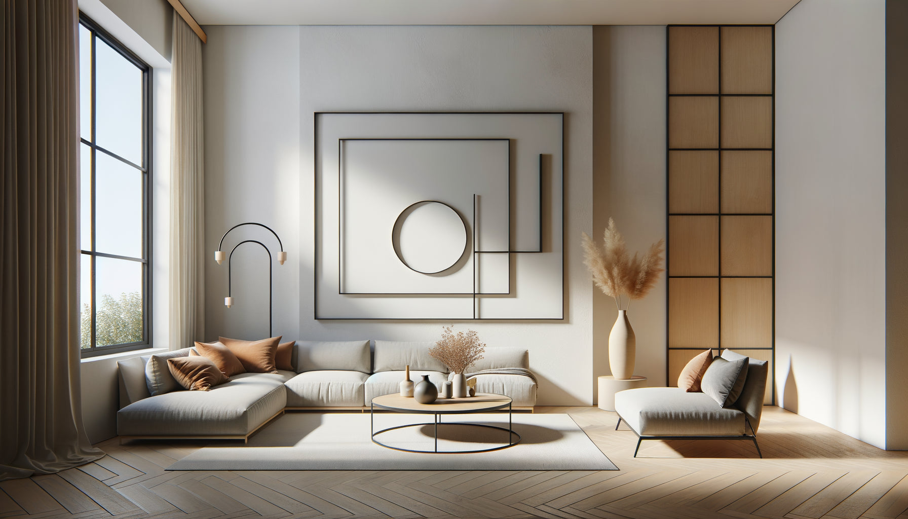 Mur contemporain avec fenêtre asymétrique équilibré par un tableau vertical allongé, démonstration d'harmonie visuelle en décoration intérieure
