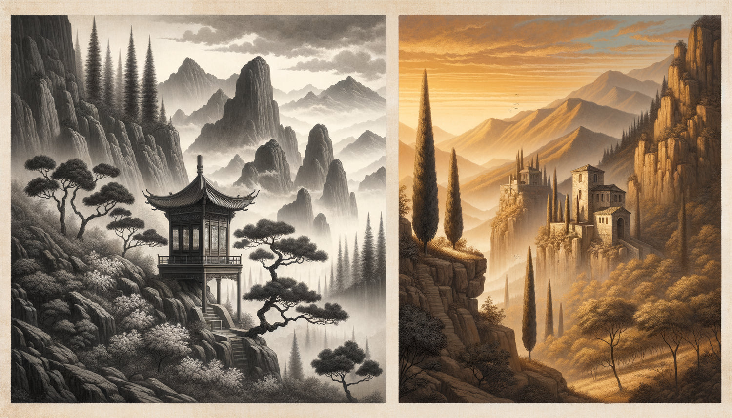 Comparaison visuelle entre paysage d'ermitage chinois traditionnel encre sur soie et paysage d'ermitage italien Renaissance huile