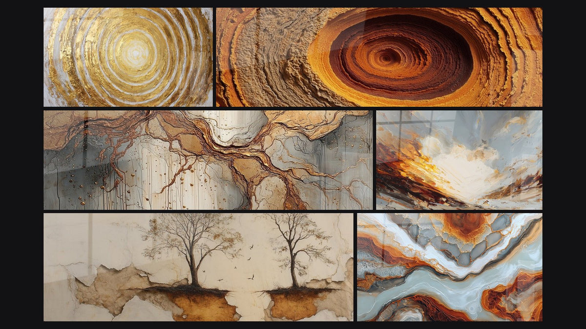 Mosaïque de six tableaux, dont Arbres dénudés sur fond beige craquelé et Spirale dorée aux tons ocre et cuivre