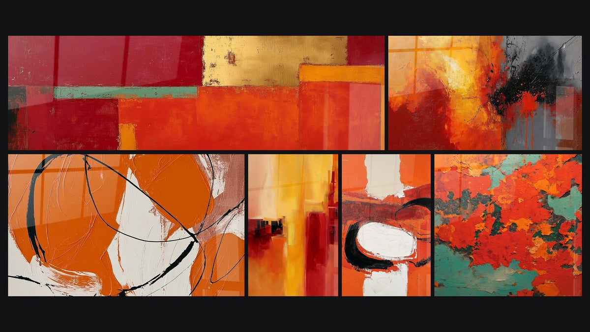Mosaik aus sechs Gemälden, darunter Farbexplosion Rot Orange und Schwarz