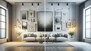 Comparaison photographique montrant erreurs courantes d'accrochage de tableaux versus installation correcte dans intérieur contemporain