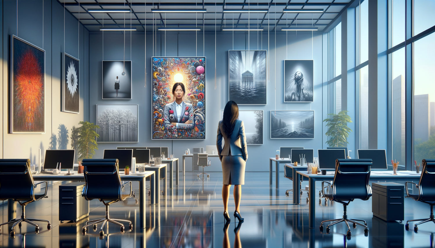 Dirigeant perplexe face à des œuvres d'art mal choisies et mal installées dans un bureau professionnel moderne