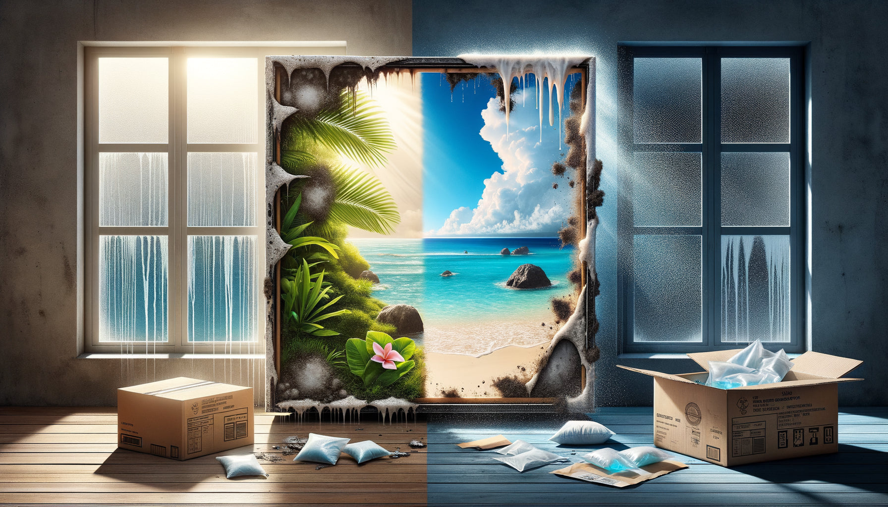 Comparaison visuelle entre tableau endommagé par l'humidité tropicale et œuvre correctement protégée pour livraison DOM-TOM