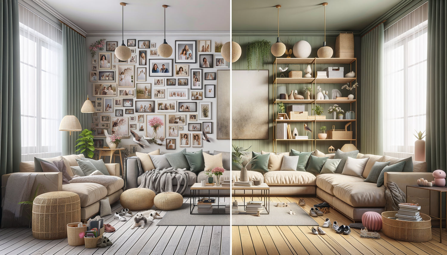 Comparaison avant-après d'un salon Airbnb : erreurs de décoration surchargée versus aménagement équilibré et accueillant