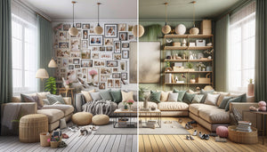 Comparaison avant-après d'un salon Airbnb : erreurs de décoration surchargée versus aménagement équilibré et accueillant