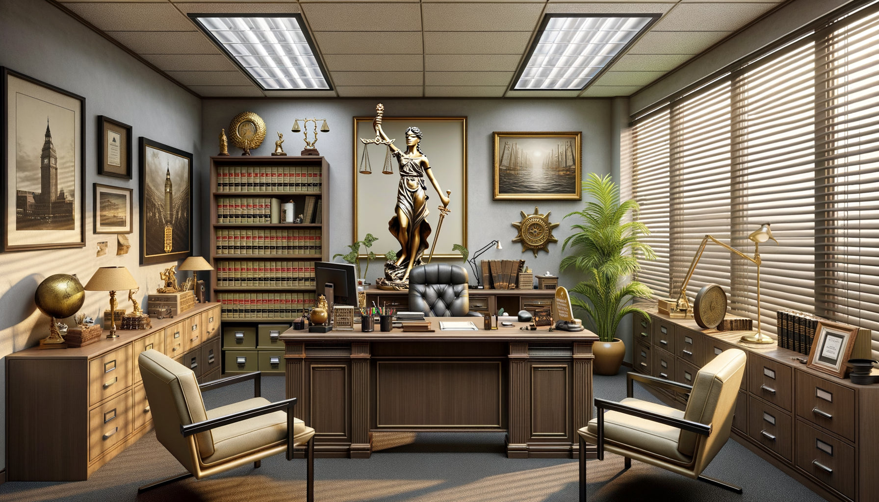 Bureau d'avocat montrant les erreurs décoratives typiques : reproductions juridiques bas de gamme et symbolisme excessif