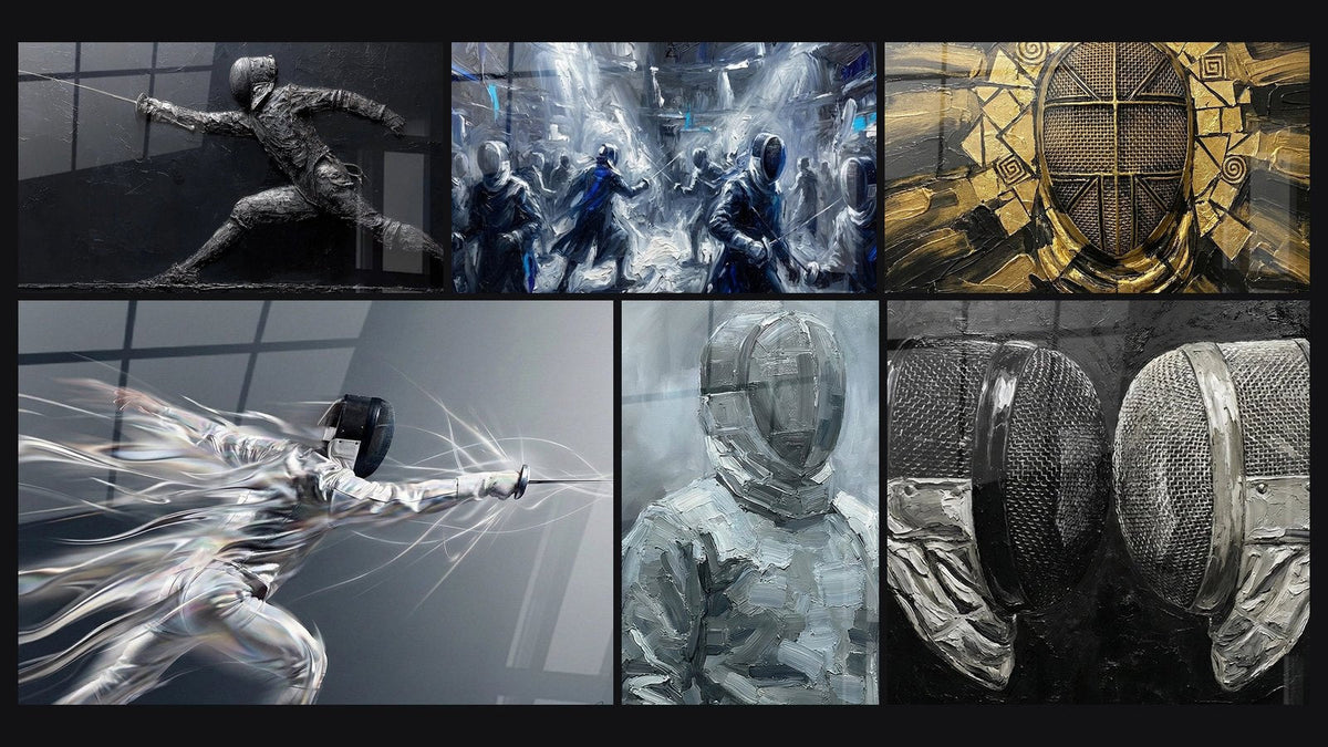 Mosaïque de six tableaux, dont Escrimeur Moderne, Combat d'Escrime Épique et Escrimeur en Action