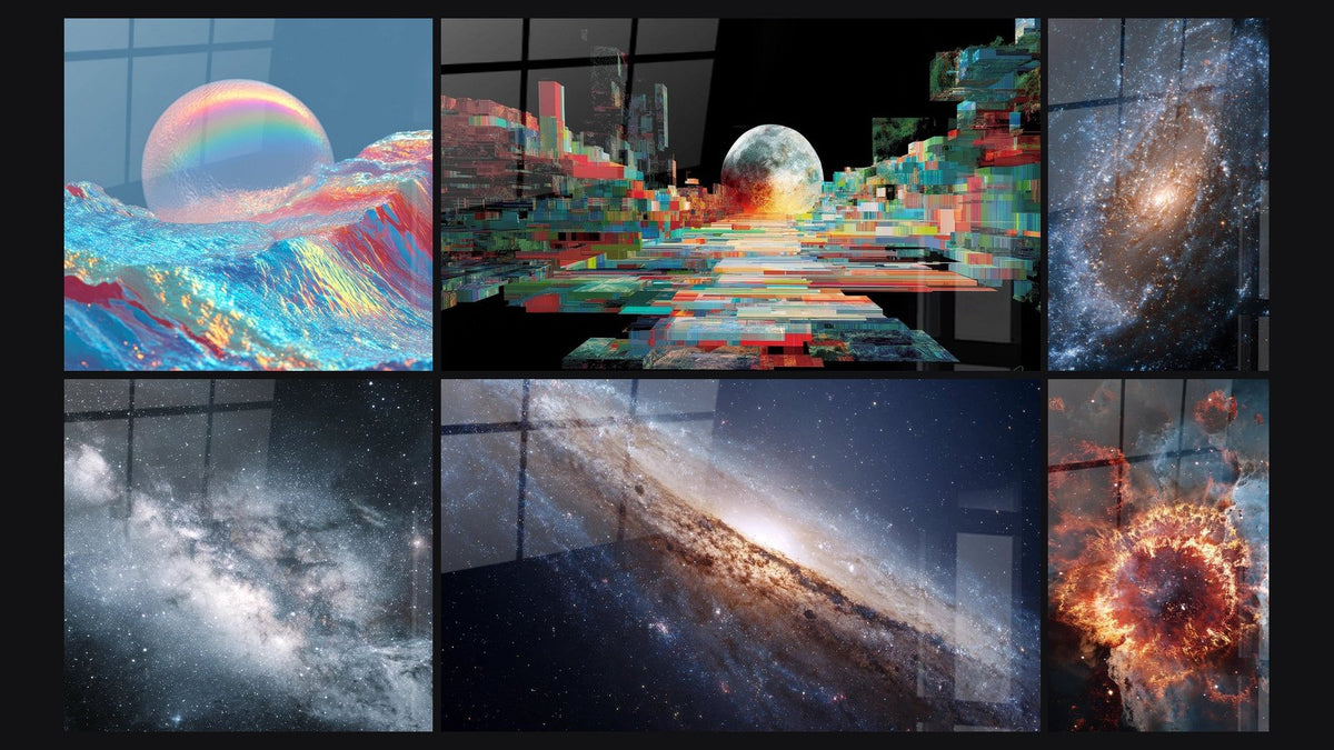 Mosaico di sei quadri, tra cui Luna Iridescente Vagues, Luna Pixelata Futurista e Galassia Spirale