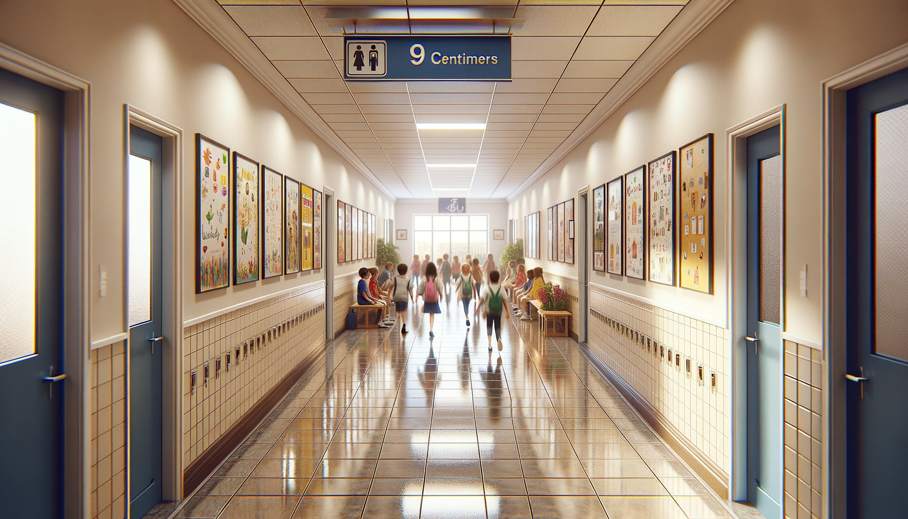 Couloir d'école moderne avec tableaux espacés de 90 cm, élèves en circulation, aménagement sécurisé et fonctionnel