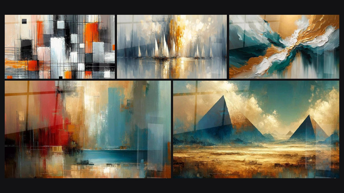 Mosaïque de cinq tableaux, dont Mécanique des couleurs, Aurore sur la Baie et Fragmentations Urbaines