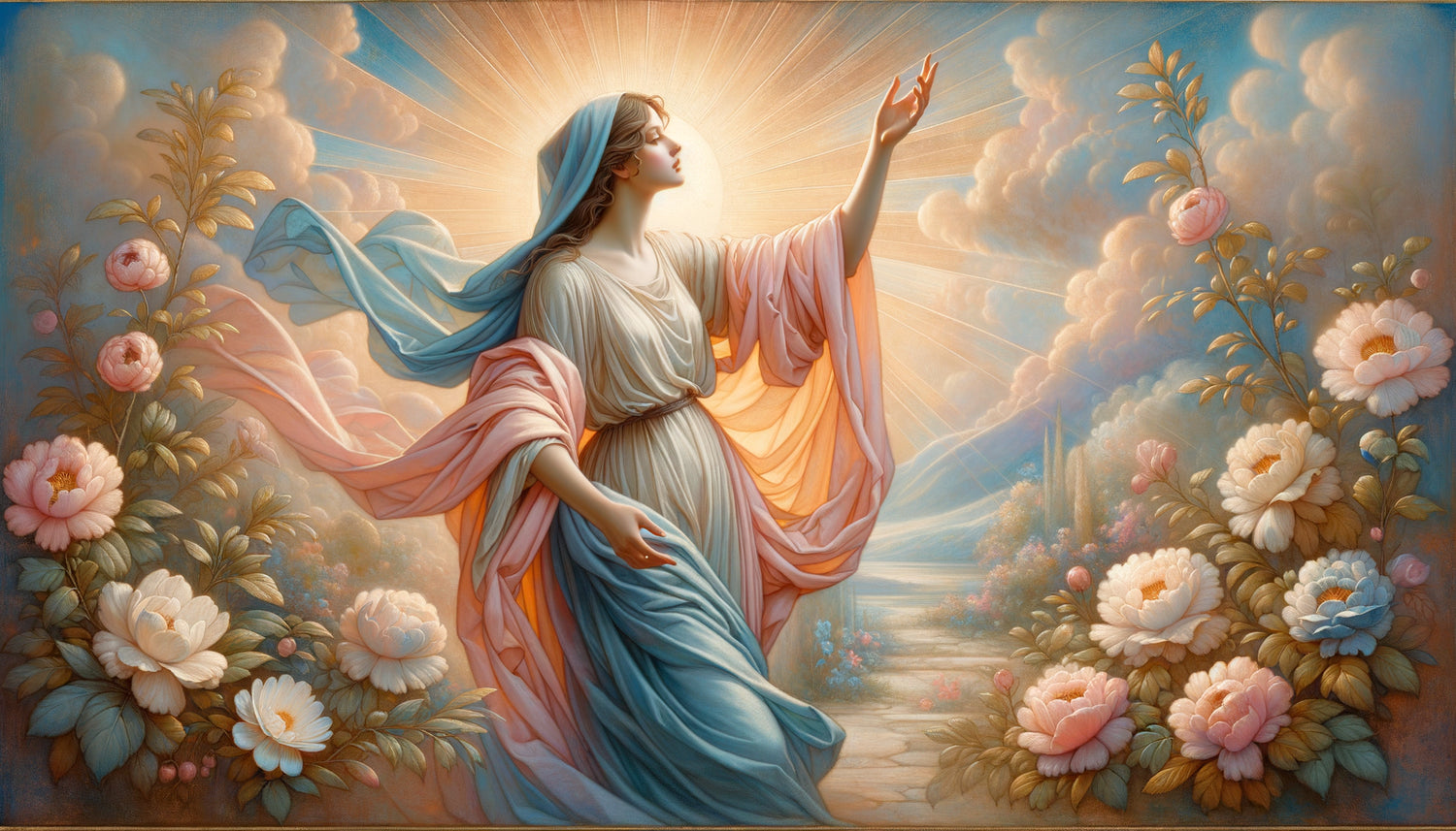 Peinture allégorique Renaissance style Botticelli représentant l'Espoir, figure féminine gracieuse, couleurs pastel lumineuses, symbolisme optimiste florentin