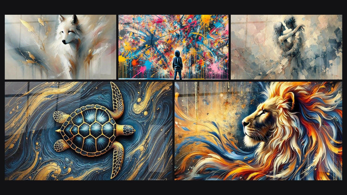 Mosaic of five paintings, including White Wisdom, Ocean Guardians and Savage Flame