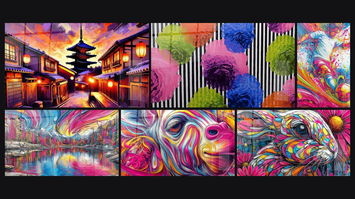 Mosaic of six paintings, including Flowers Perception Blurred, Lake mountain landscape and Abstract swirling colorful