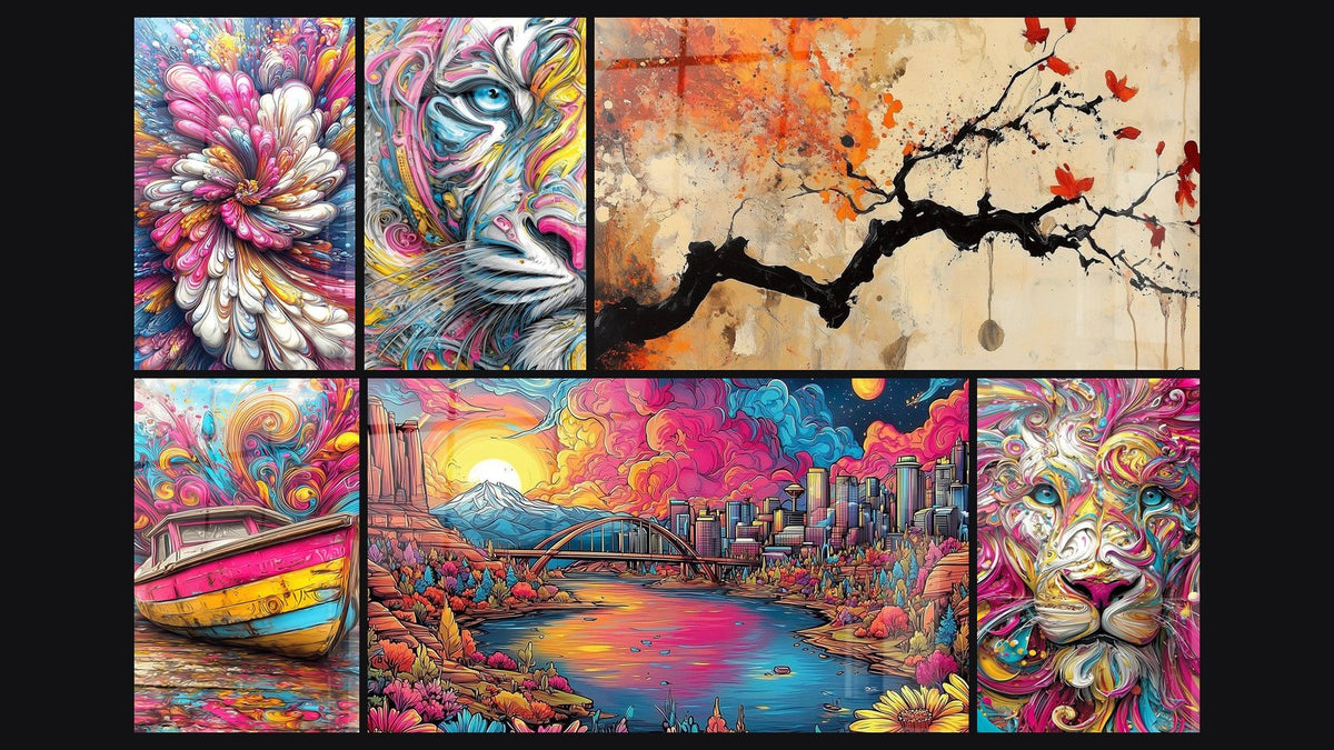 Mosaico de seis cuadros, entre ellos Flor Abstracta, Tigre abstracto y Barco colorido
